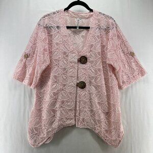 Lulu-B Blouse Size S Sheer Fish Lace Cover Up Two Button Roll Tab Sleeve Pink